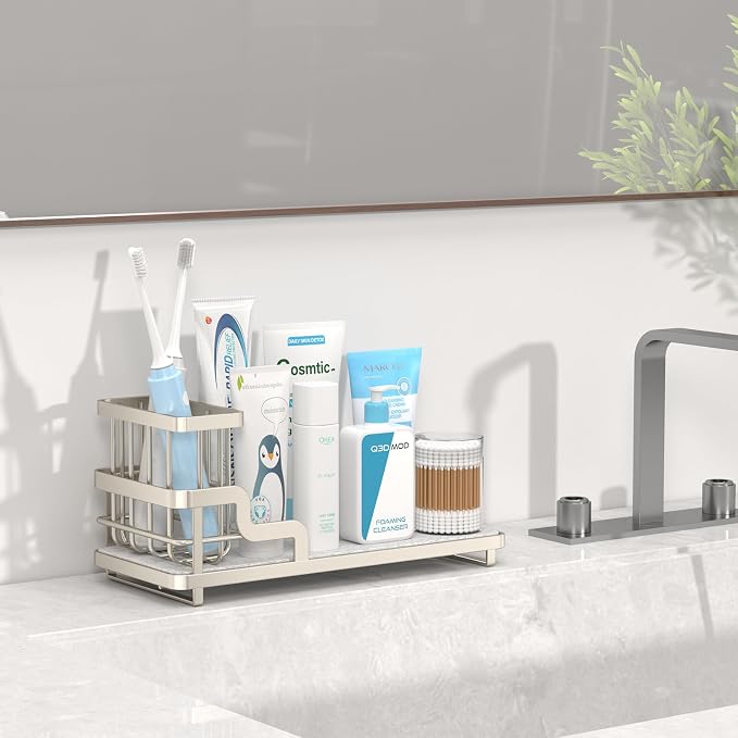 Consumest Sponge Holder for Kitchen Sink - Sink Caddy Organizer with Water Absorbing Stone Tray, Detachable Brush Holder, Stainless Steel Kitchen Counter Organizer Rack, Sand Nickel - Image 9