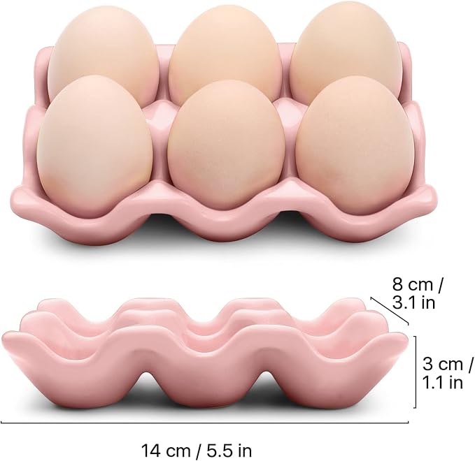 Flexzion Porcelain Egg Crate - 6-Egg Capacity Ceramic Egg Tray, Half Dozen Egg Holder for Fridge, Countertop Display - Pink Decorative Serving Dish and Storage Organizer, 2 Pack - Image 7