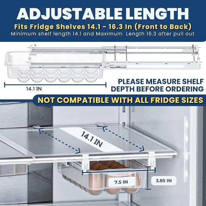 TidyFriend 2 Pack Refrigerator Egg Drawer 14"x7.5"x3.95" – Snap-On Egg Holder with Pull-Out Drawer, Holds 18 Eggs, Fits Flat Fridge Shelves 14.1–16.3 in Long and 0.93–1.32 in Thick - Image 2