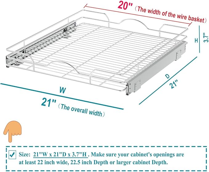 OCG Pull Out Cabinet Organizer 2 Pack (21" W x 21" D), Pull out Shelves 1 Tier, Cabinet Slide Out Shelves for Base Cabinet Organization in Kitchen Bathroom Pantry, Bottom Mount, Chrome Finish - Image 2