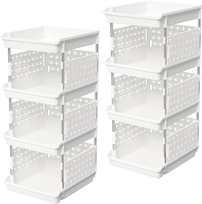Lifewit 4 Tier Plastic Stackable Storage Baskets for Clothes 2 Pack, White | Stacking Bins for Food, Multifunctional Organizer for RV, Kitchen, Playroom, Pantry and Bathroom by Lifewit
