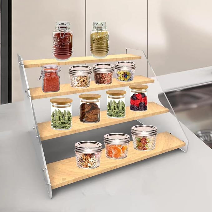 VAEHOLD Spice Rack Organizer for Cabinet & Countertop - Seasoning Organizer Spice Shelf - Space Saving Wooden Display Risers Shelf Showcase Fixtures Jewelry (4 Tier) (Pack of 2) - Image 6