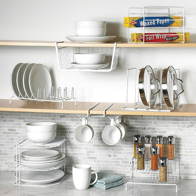 Home Basics Corner Rack, White, Vinyl Coated Steel, Rust Resistant, 2-Tier Shelf, Keeps Spices and Cups Organized, 9x9x8.5in - Image 4