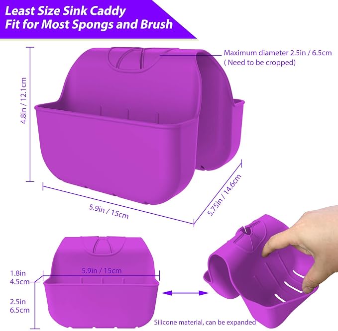 Sponge Holder for Kitchen Sink, Silicone Sink Saddle Caddy Organizer Rack, Sponges Holder Over Faucet, Hanging Kitchen Organizer Accessories Rack Basket Purple - Image 3