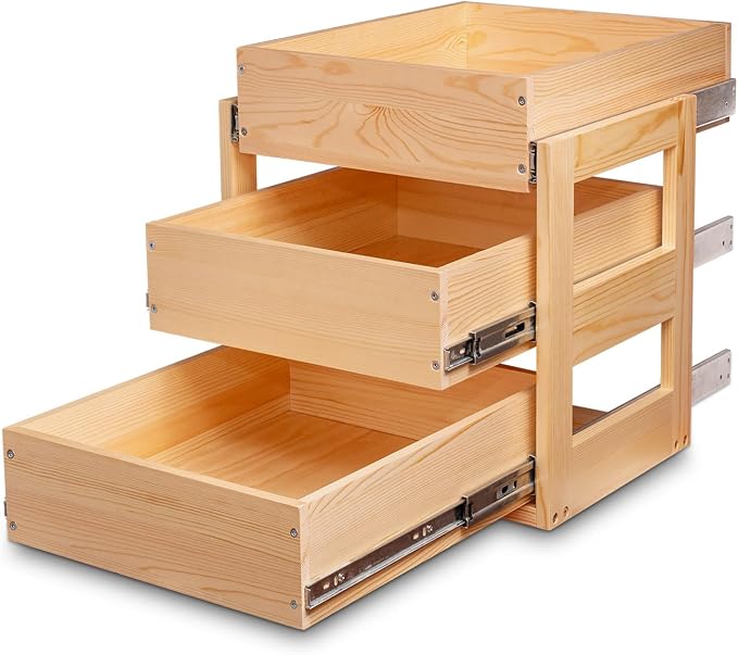 Pull Out Drawers For Cabinets, 14''W×21''D×19''H Soft Close Slide Out Wood Shelves Storage Organizer for Kitchen, 3-Tier, Finished, Heavy-Duty, Bottom Assembly by Mulush