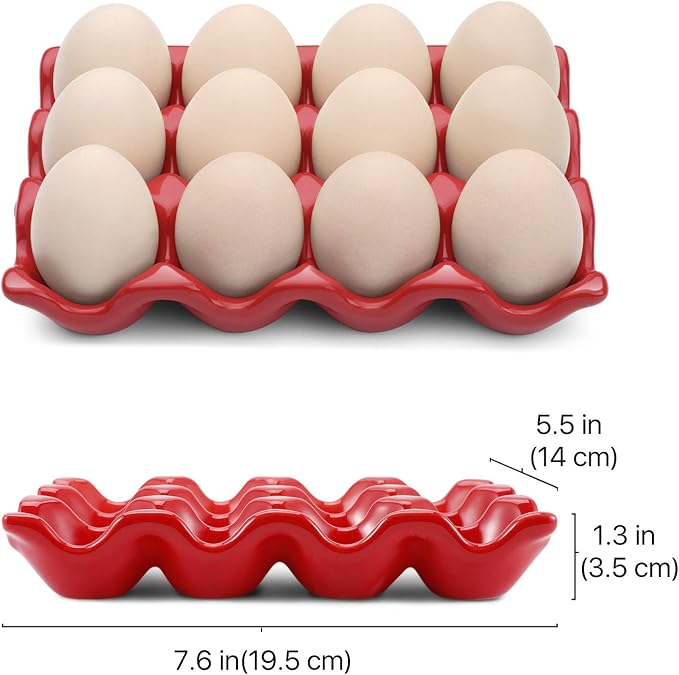 Flexzion Ceramic Egg Holder for Fridge - 12 Cups Egg Tray Whole Dozen Porcelain Container Keeper Storage Organizer Decorative Serving Stand Serveware for Countertop Display Kitchen (Red) - Image 7