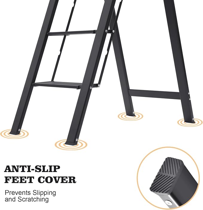 KINGRACK Aluminium 4 Step Ladder, Lightweight Step Stool with Non-Slip Pedals, Handrail, Foldable Step Ladder for Kitchen, Garage, Home, Space Saving, Sturdy and Portable, Black - Image 4