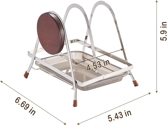 6.5mm Stainless Steel Pot Lid Holder while Cooking, Multifunctional Cutting Board Pan Lid Organizer for Countertop with Beech Wood Accents, Heavy Duty Rack with Nonslip Pads & Removable Drip Tray - Image 8