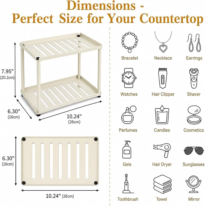 2 Tier Bathroom Counter Organizer, Rectangular Vanity Organizer Shelf, Skincare and Makeup Countertop Storage Rack for Kitchen, Bathroom, Bedroom Beige - Image 3