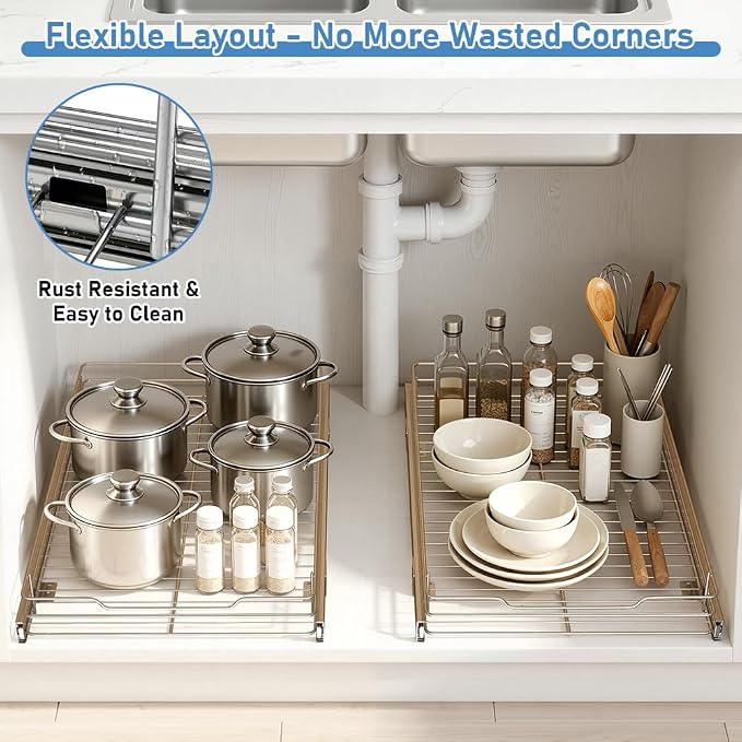 Pull Out Drawer Organizer for Kitchen Cabinets - 14”W x 21”D | Pull Out Cabinet Organizer, Slide Out Drawer for Kitchen Organizers and Storage, Heavy Duty 1 Tier Cabinet Pull Out Shelves - Image 2