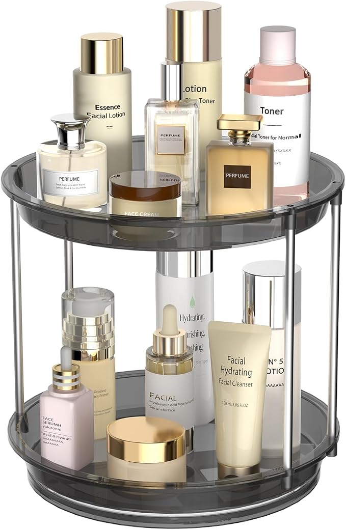 Rotating Makeup Organizer, Perfume Skincare Holder, 2 Tier 9 Inch, Gray | 360° Smooth Spinning Vanity Tray, Large Capacity, Space-Saving Cosmetics Storage for Bathroom Countertop, Dresser by Unknown