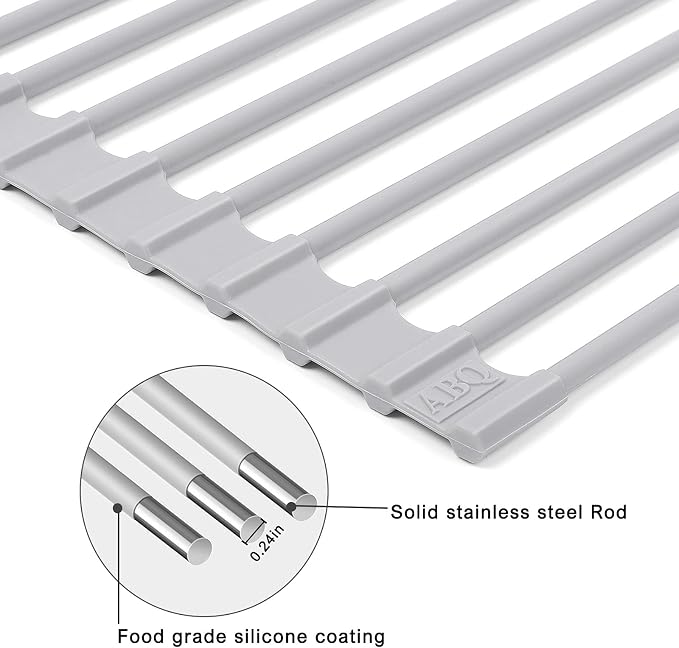 Roll Up Dish Drying Rack Over Sink, 17.5" x 13" Silicone Coated Stainless Steel Sink Drying Rack, Foldable Dish Drainer Rack for Kitchen Counter, Heat Resistant, Non-Slip, Space Saving, Gray - Image 4