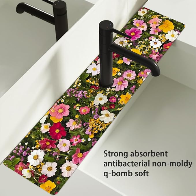 Bimkole 1 PCS Faucet Absorbent Mat, Kitchen Faucet Sink Splash Guard Wraparound Cloth Pads Drip Catcher for Sink Faucet for Kitchen Bathroom Faucet, Colorful Faucet Mat, 15 x 4 Inch Flower A8 - Image 4