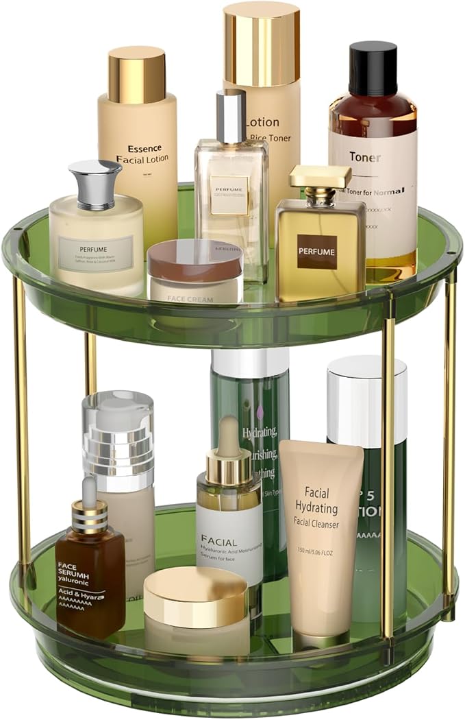 Rotating Makeup Organizer, Perfume Skincare Holder, 2 Tier 9 Inch, Green | 360° Smooth Spinning Vanity Tray, Large Capacity, Space-Saving Cosmetics Storage for Bathroom Countertop, Dresser by Unknown