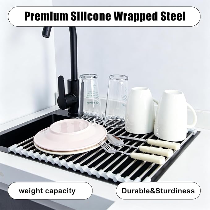 Roll Up Dish Drying Rack 17.5''x13.7'' Gray | Over the Sink Dish Drying Rack Foldable Sink Rack Mat Stainless Steel Wire Dish Drying Rack for Kitchen Sink Counter Storage - Image 2
