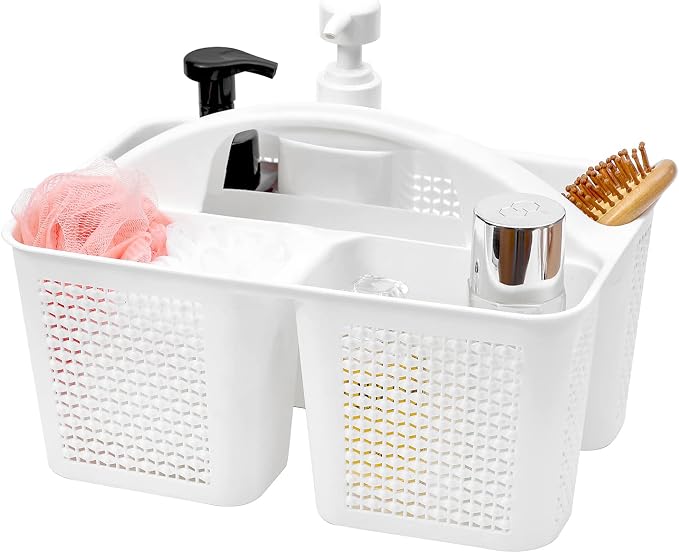 Plastic Portable Shower Caddy Basket with Handle, 3 Compartments, White | Storage Organizer with Drain Holes, Sturdy and Durable For Bathroom, Kitchen, College Dorm, Sink, Camping by UUJOLY