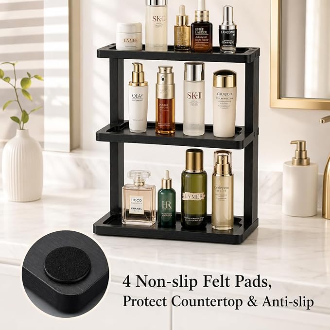 PEKER Bamboo Bathroom Organizer Countertop – Vanity Storage Shelf for Makeup, Perfume, Skincare – Natural Cosmetics Display Rack for Dresser, Sink, Kitchen – Black - Image 6