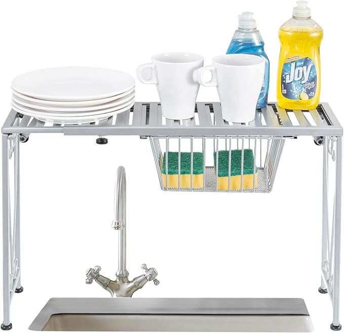 MyGift Silver Metal Over The Sink Organizer Shelf with Pull Out Drawer, Expandable Kitchen Caddy Rack, Bathroom Storage Shelf Riser with Scrollwork Design - Image 5