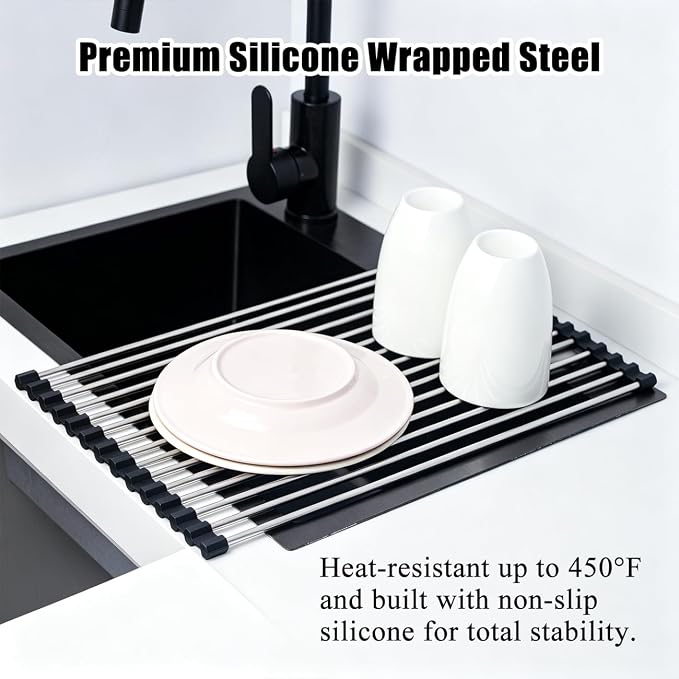 Roll Up Dish Drying Rack 17.5''x11.8'' Black | Kitchen Rolling Dish Drainer, Foldable Sink Rack Mat Stainless Steel Wire Dish Drying Rack for Kitchen Sink Counter Storage - Image 2