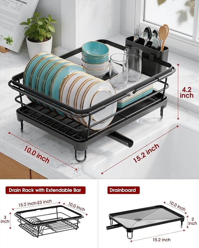 Sakugi Dish Drying Rack in Sink - Expandable Stainless Steel Dish Rack Over The Sink, Kitchen Sink Drain Strainer with Cutlery Holder & Cup Holders, 15.2 x 10.0 x 4.2 Inch, Black - Image 3