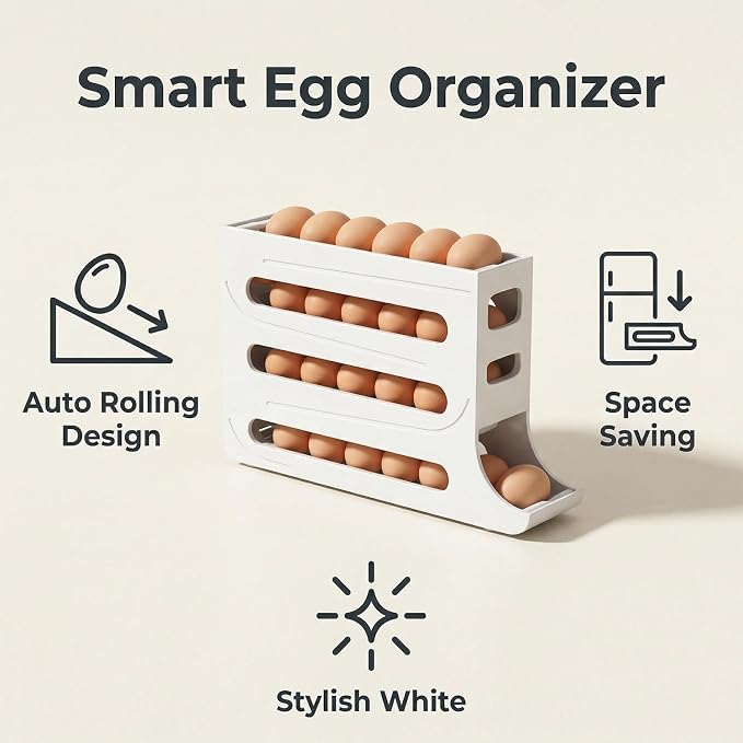 28 Egg Holder for Fridge, 4-Tier Auto Rolling Egg Organizer for Refrigerator, Gravity Slide Dispenser Rack, Space-Saving Storage (White) - Image 6