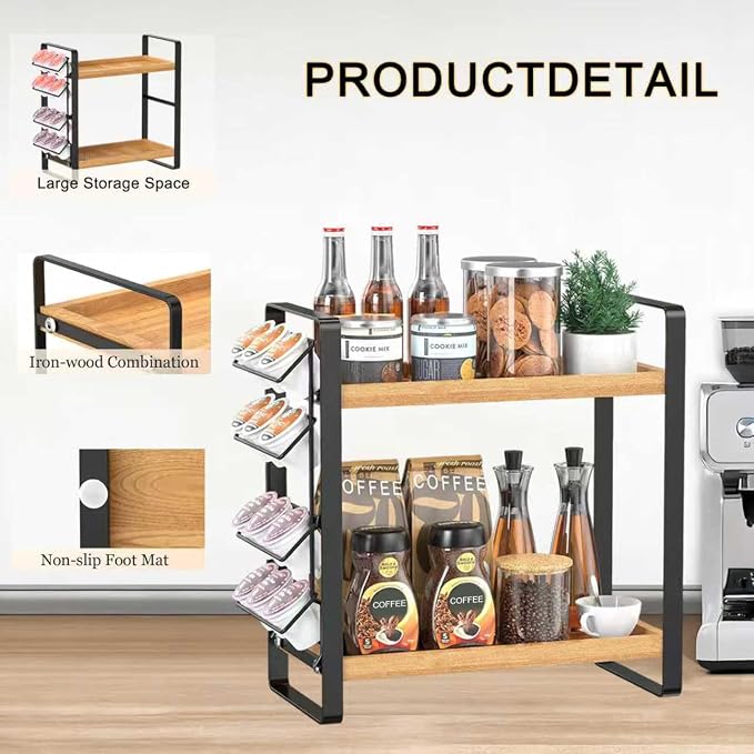 Coffee Station Organizer for Counter,Condiment Storage Caddy for Kitchen,2 Tier Wooden Shelf for Coffee Bar Accessories,Coffee Bar Organizer for Kitchen, Home, Office-Brown - Image 7