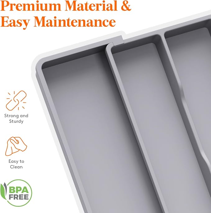 Lifewit Utensil Organizer for Kitchen Drawers, Expandable Utensil Tray | Adjustable Cooking Cutlery Silverware Flatware Holder, Plastic Spatula Tools Storage Divider, 13-22 x 15", Gray - Image 6