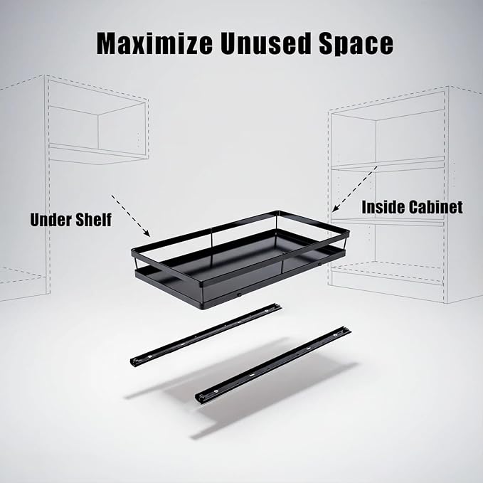 Pull Out Cabinet Organizer, 1-Tier Metal Slide Out Basket | Black metal mesh basket, smooth slide-out rail, no-drill adhesive setup, for frameless kitchen cabinets and pantry storage - Image 7