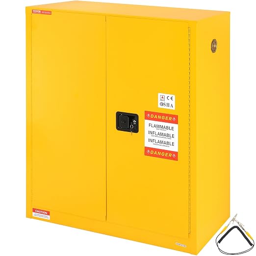 VEVOR Flammable Cabinet 18" x 43" x 50", Cold-Rolled Steel Flammable Liquid Storage Cabinet 34 Gal with 2 Adjustable Shelves/2 Manual Closing Doors for Industrial Use, Yellow | For Industrial Use, Cold-Rolled Steel, 34 Gal, with 2 Adjustable Shelves, 2... by VEVOR