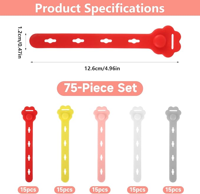 75 Pcs Silicone Cable Ties, Reusable Cable Straps Wire Organizer. | Cable Management Cord Organizer for Fastening Earphone Phone Charger Home Office Desk Kitchen Appliances Cable Cords Wires - Image 2