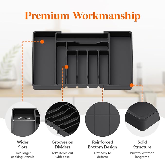 Lifewit Utensil Organizer for Kitchen Drawer, Expandable Cooking Silverware Tray, Adjustable Cutlery Flatware Holder, Plastic Spatula Tools Storage Divider, 13-22.4 x 15", Black - Image 6
