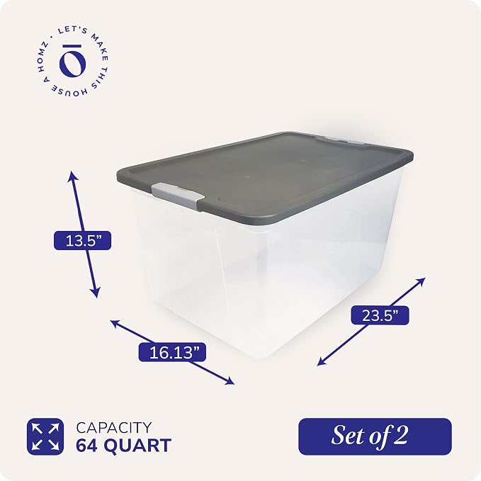 HOMZ Clear Plastic Storage Bin with Secure Latching Gray Lid, 64 Qt, 2 Pack | Heavy-Duty Stackable Containers, Large Organizer Box for Homes, Offices, and Garages - Image 5