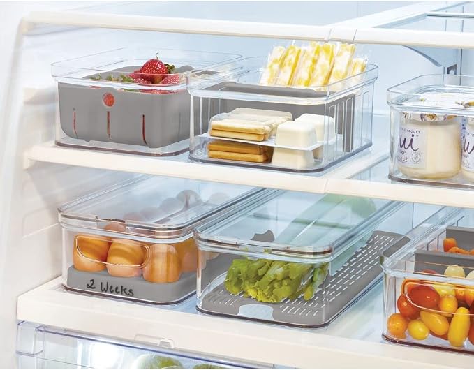 iDesign Crisp Produce Plastic Refrigerator and Modular Stacking Pantry Bin with Lid and Removable Inner Basket, Perfect for Washing Vegetables, Fruit, Lettuce, BPA Free 15.72" x 6.32" x 3.76" | Drain Tray, For Fruits & Veggies, Clear - Image 5