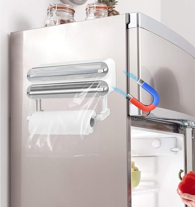 AUSTUFF 3 in 1 Plastic Wrap Dispenser with Cutter Magnetic Aluminum Foil | Wall Mount Kitchen Wrap Organizer, Cling Wrap Dispenser with Paper Towel Holder and Cutter - Image 6