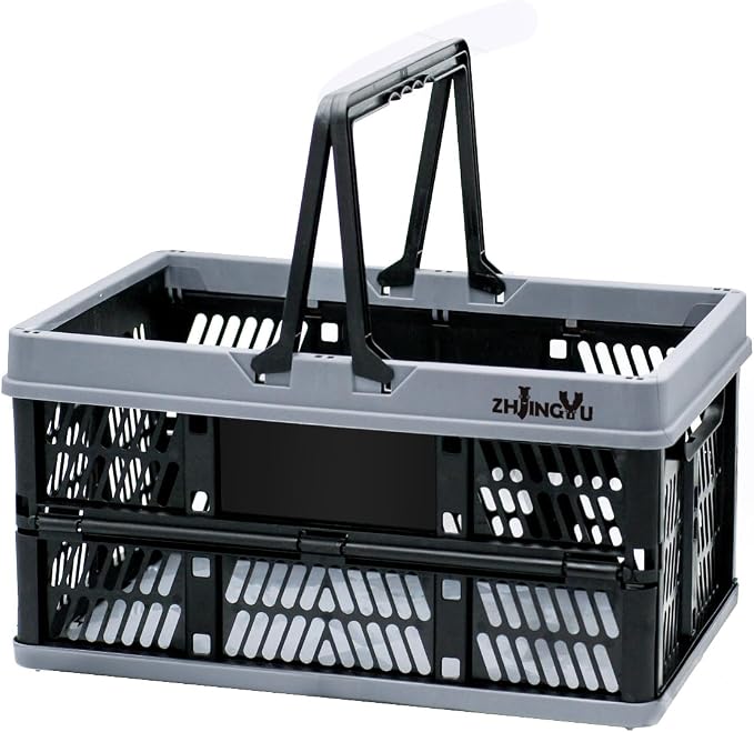 Foladable plastic baskets with handles 20L,collapsible crates for storage | 14.96"x9.84"x7.87" foldable shopping basket ,foldable crate with Handles for car Classroom Kitchen Bathroom Medicine Milk by ZHJINGYU