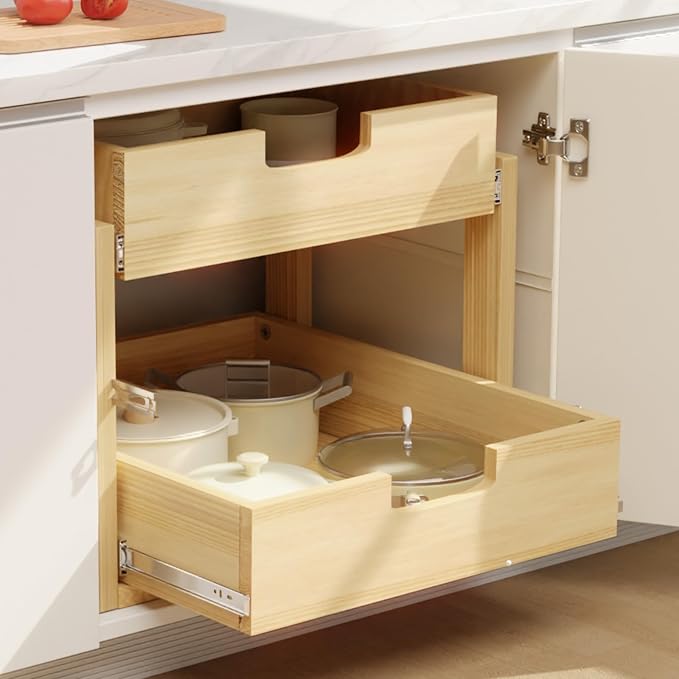 Pull Out Cabinet Organizer, 14''W×21''D Sliding Drawers for Cabinets, 2 Tier Soft Close Slide Out Wooden Pull out Drawers, Base Cabinet Organization for Kitchen, Pantry, Bathroom - Image 2