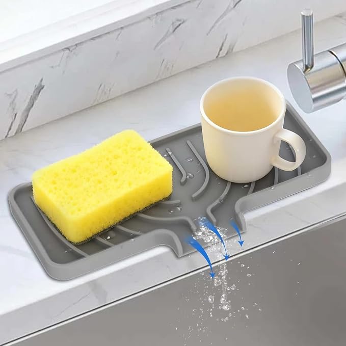 JACZZO Silicone Sponge Holder for Kitchen Sink, (10x4 In) Sink Caddy with Drain Spout, Self Draining Soap Tray & Organizer, Kitchen Accessories,Bathroom Organizer, Easy to Clean (Grey) by JACZZO
