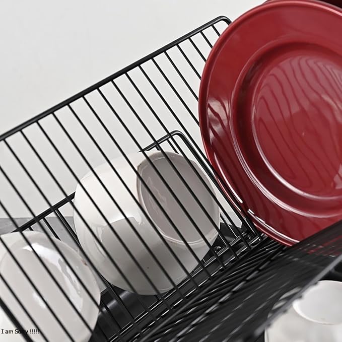Black Foldable Double-Tier Dish Rack Large-Capacity Expandable Dish Rack, Rust-Proof Dish Rack, Draining Tray Suitable for Kitchen Worktops (Black) - Image 6