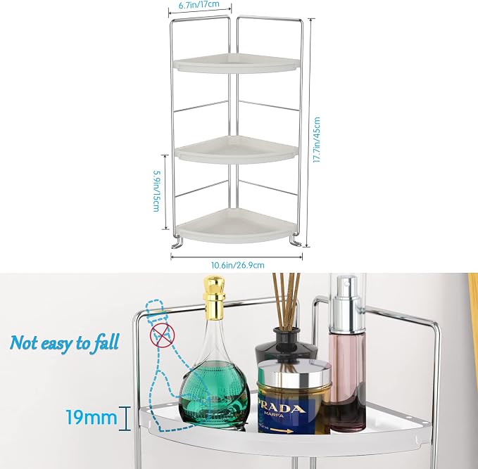 3-Tier Corner Bathroom Counter Shelf Stackable Perfume Storage Holder Makeup Countertop Organizer Standing Vanity Tray Kitchen Spice Rack,White and Silver - Image 3