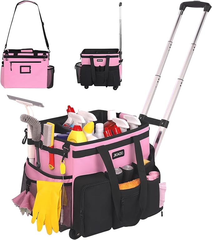 JKAOO Large Rolling Cleaning Caddy Bag with Detachable Trolley, Pink | Waterproof Cleaning Caddy with Wheels, 40L Wheeled Organizer Cart for Supplies, Housekeepers, Home, Office, Car, Picnic by JKAOO