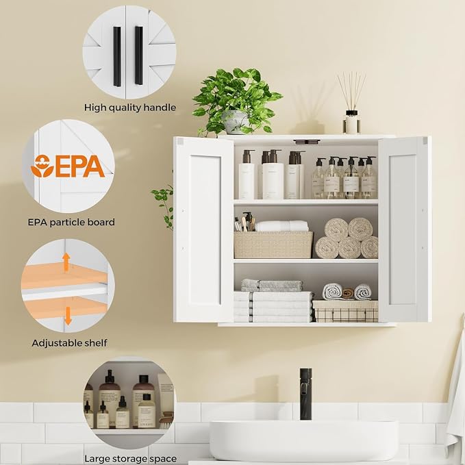 Homleke Bathroom Wall Cabinet, Medicine Cabinet with Adjustable Shelves | 3-Tier Wall Mounted Over Toilet Storage with Barn Doors, for Bathroom, Kitchen, Entryway, Laundry Room, White, (11.8" D) - Image 4