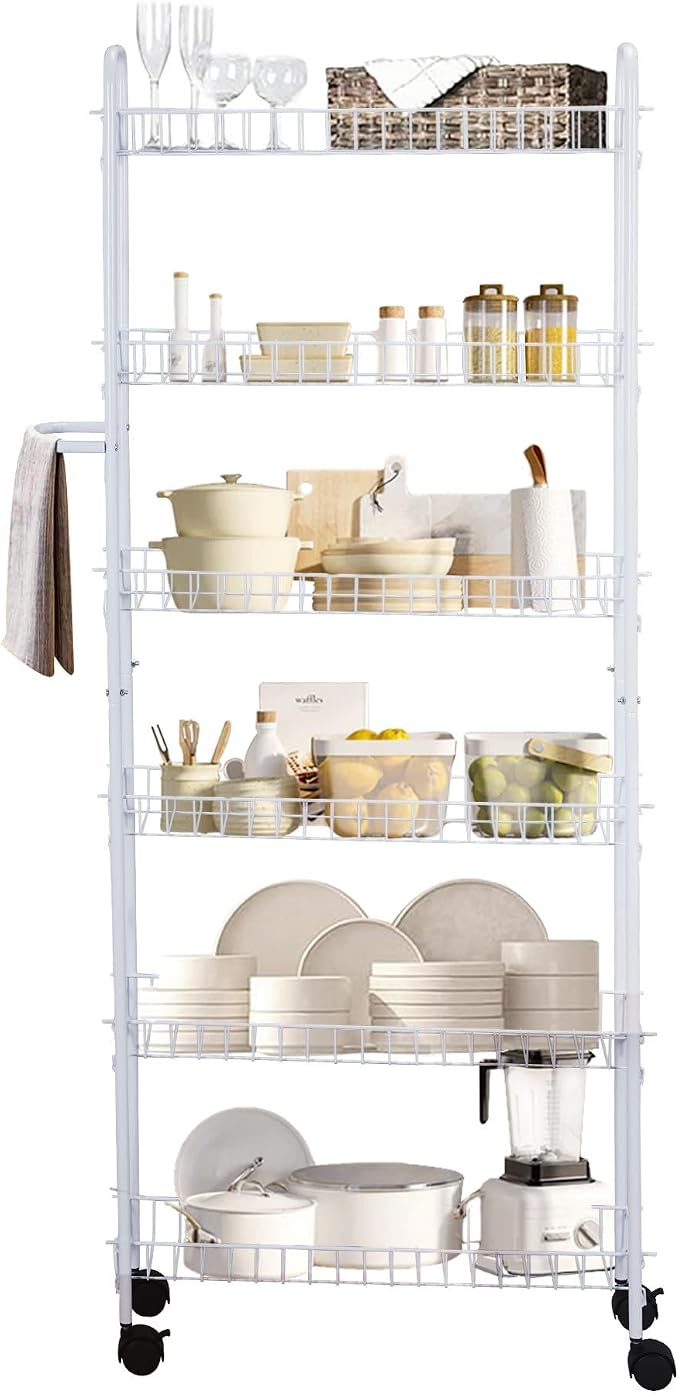 Slim Rolling Pantry Cart 6-Tier Shelf - Space-Saving Kitchen & Spice Rack on Wheels, 6" Deep, White Metal by SkyMall