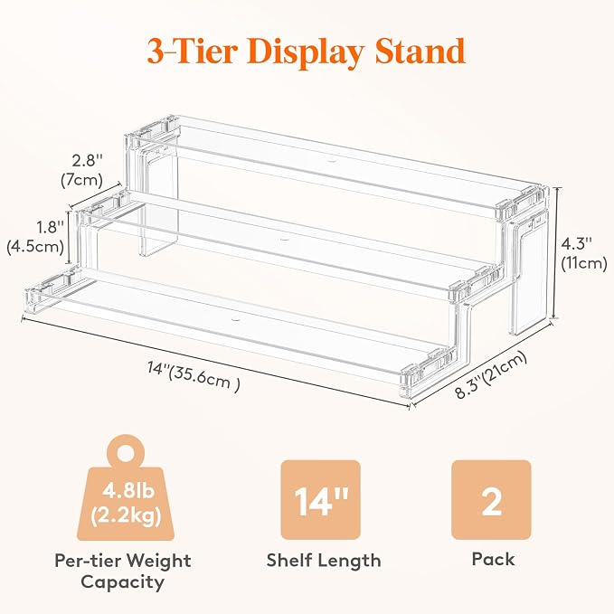 Lifewit 14″ Spice Rack, Perfume Cologne Stand,Tool-Free Assembly, 2 Pcs | 3-Tier Clear Display Riser Shelf, Cupcake Stand, Seasoning Figurine Makeup Holder, Room Decor, Kitchen Cabinet Storage - Image 3