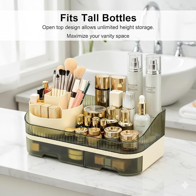 Makeup Organizer Countertop with Dual Drawers | Plastic, Vanity Bathroom Desk, 360° Rotating, Easy Clean, Cosmetic Skincare - Image 5