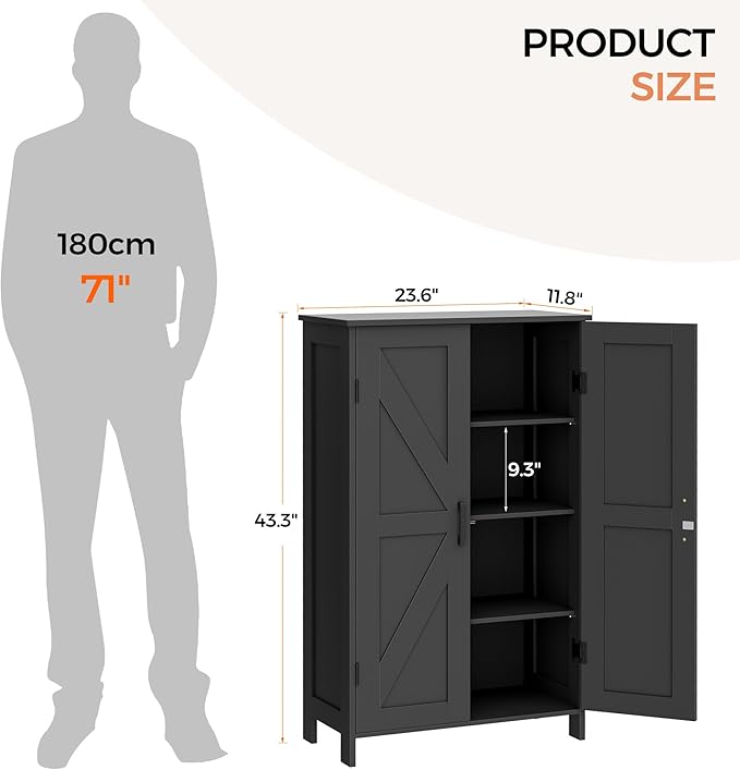 Homleke 43.3" H Farmhouse Bathroom Storage Cabinet with Adjustable Shelves | Freestanding Storage Cabinet with Barn Doors for Bathroom, Kitchen, Living Room, Dining Room & Entryway, Black - Image 3