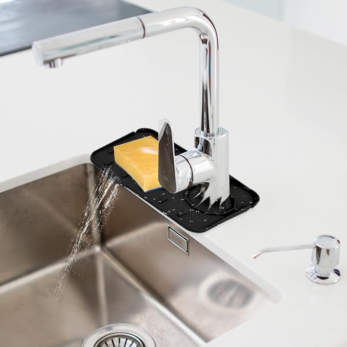 Dimeho Sink Faucet Splash Guard Mat Silicone Soap Dish Pad Faucet Handle Drip Catch Sponge Holder Sink Protector Trays for Bathroom Kitchen Countertop Gadgets Accessories 8.3 x 5.7 Inch(Black) - Image 6