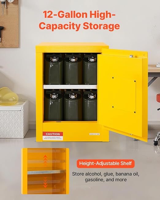 VEVOR Flammable Cabinet 17" x 17" x 22", 12 GalCold-Rolled Steel Flammable Liquid Storage Cabinet, Explosion Proof with 1 Adjustable Shelf 1 Door for Commercial Industrial Use, Yellow - Image 6