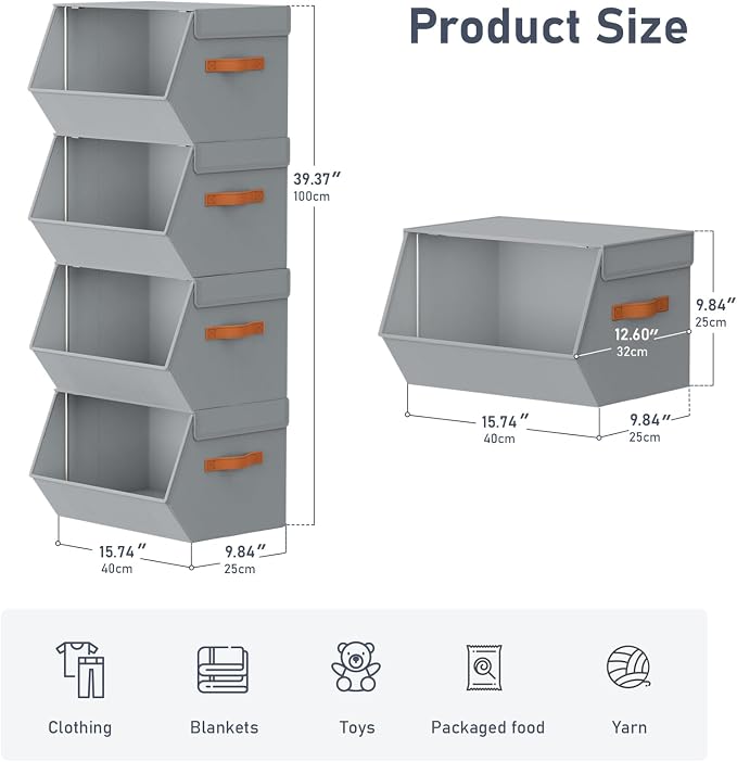 Stackable Closet Organizers and Storage Bins, Open Front Closet Shelf Organizer System With Steel Frame, Clothes Storage Basket Fabric, Collapsible Closet Drawers for Wardrobe, Nursery ,Toy, 4 Pack - Image 6