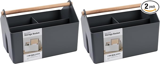 BLUE GINKGO Medium Storage Basket – Plastic Caddy with Wooden Handle for Office, Arts & Crafts, or Home Supplies (Gray) (Pack of 2) by BLUEGINKGO