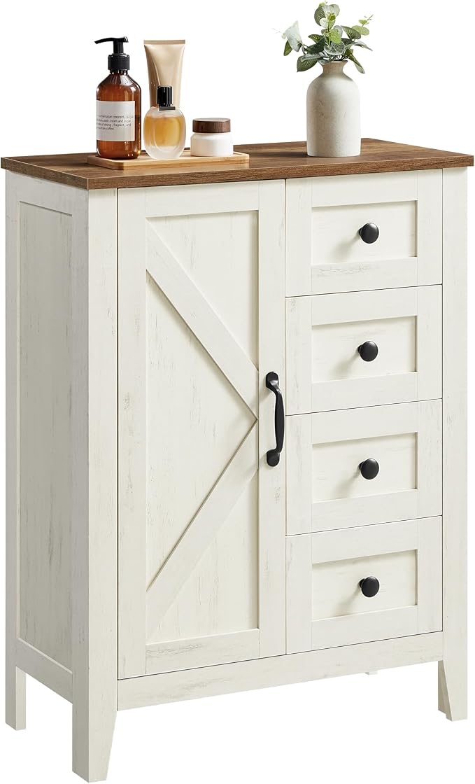 VASAGLE LIRY Collection - Storage Cabinet, Farmhouse Bathroom Floor Cabinet with 4 Drawers, Freestanding Storage Organizer, Barn Door, Adjustable Shelf, Rustic White, UBBK753W01 by Unknown